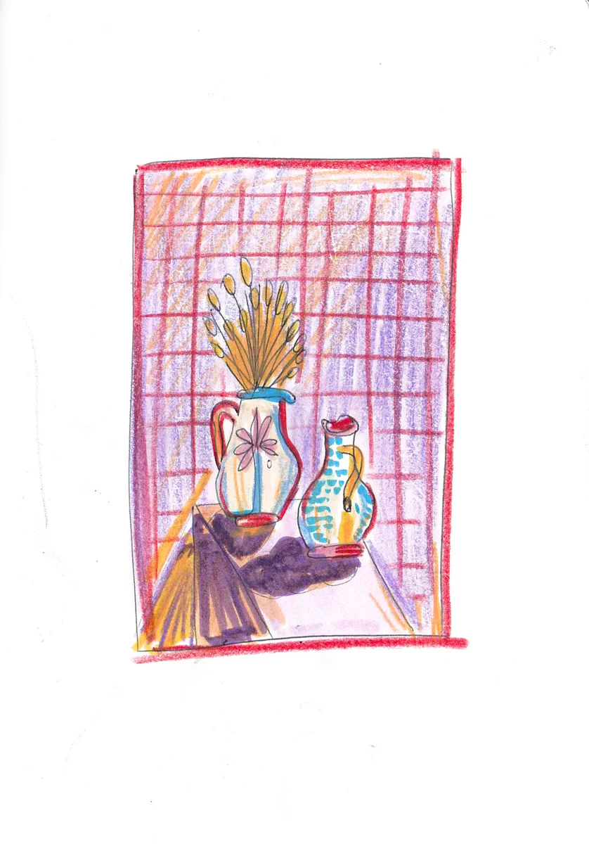 Nature morte, pichets et épis de blé, feutres et crayons