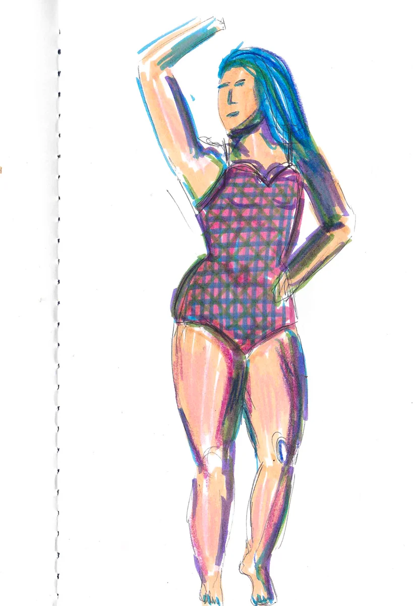 Figure féminine en maillot à carreaux, feutres et crayons